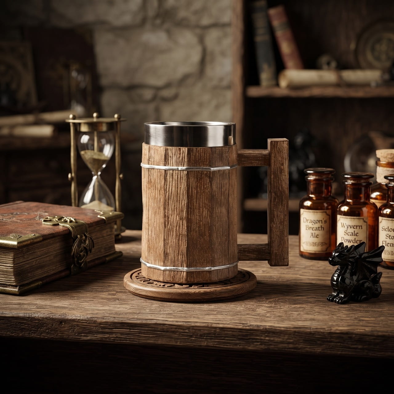 Chope Viking Bois Clair : Le Calice du Bâtisseur — résine sculptée — en situation