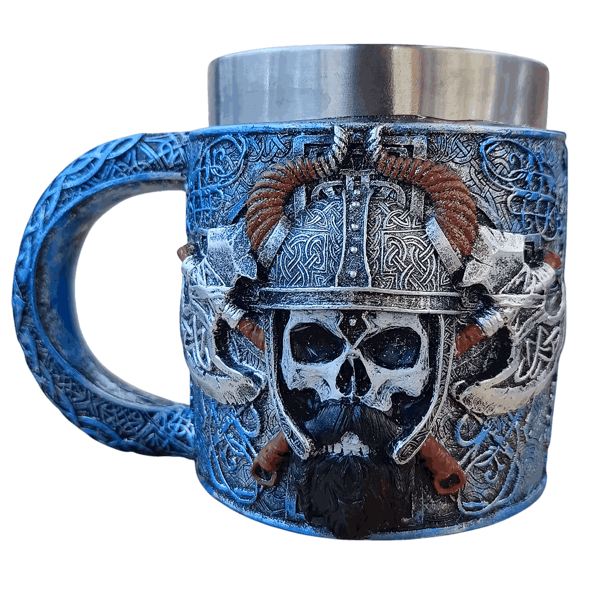 Chope Viking Crâne au Casque Cornu : Bleue, 400 ml, vue de trois quarts sur fond blanc