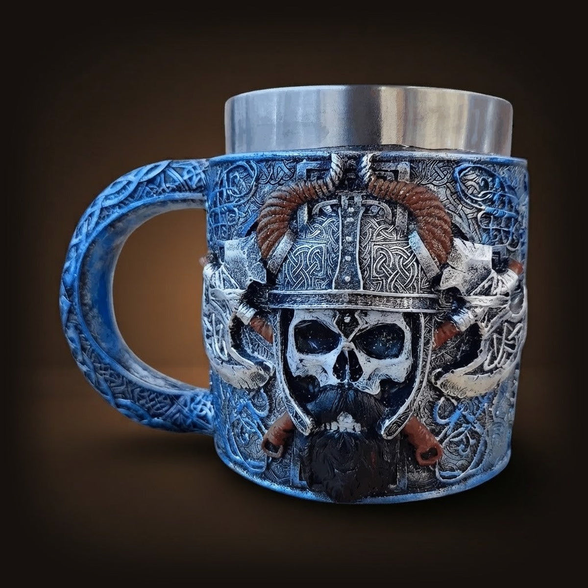 Chope Viking Crâne au Casque Cornu : Bleue, 400 ml, vue de trois quarts