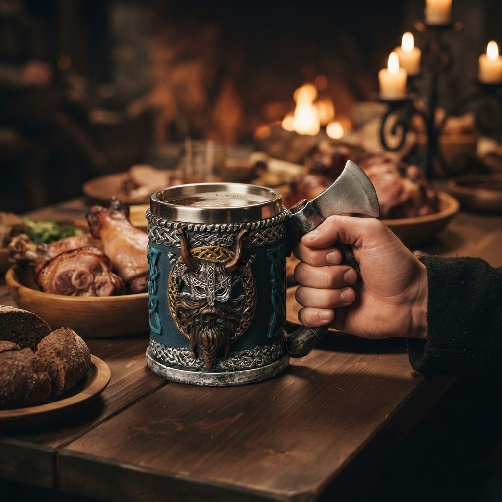 Chope viking Le Conquérant, guerrier barbu au casque à cornes et anse en hache de guerre, 60 cl, tenue à la main lors d'un banquet viking