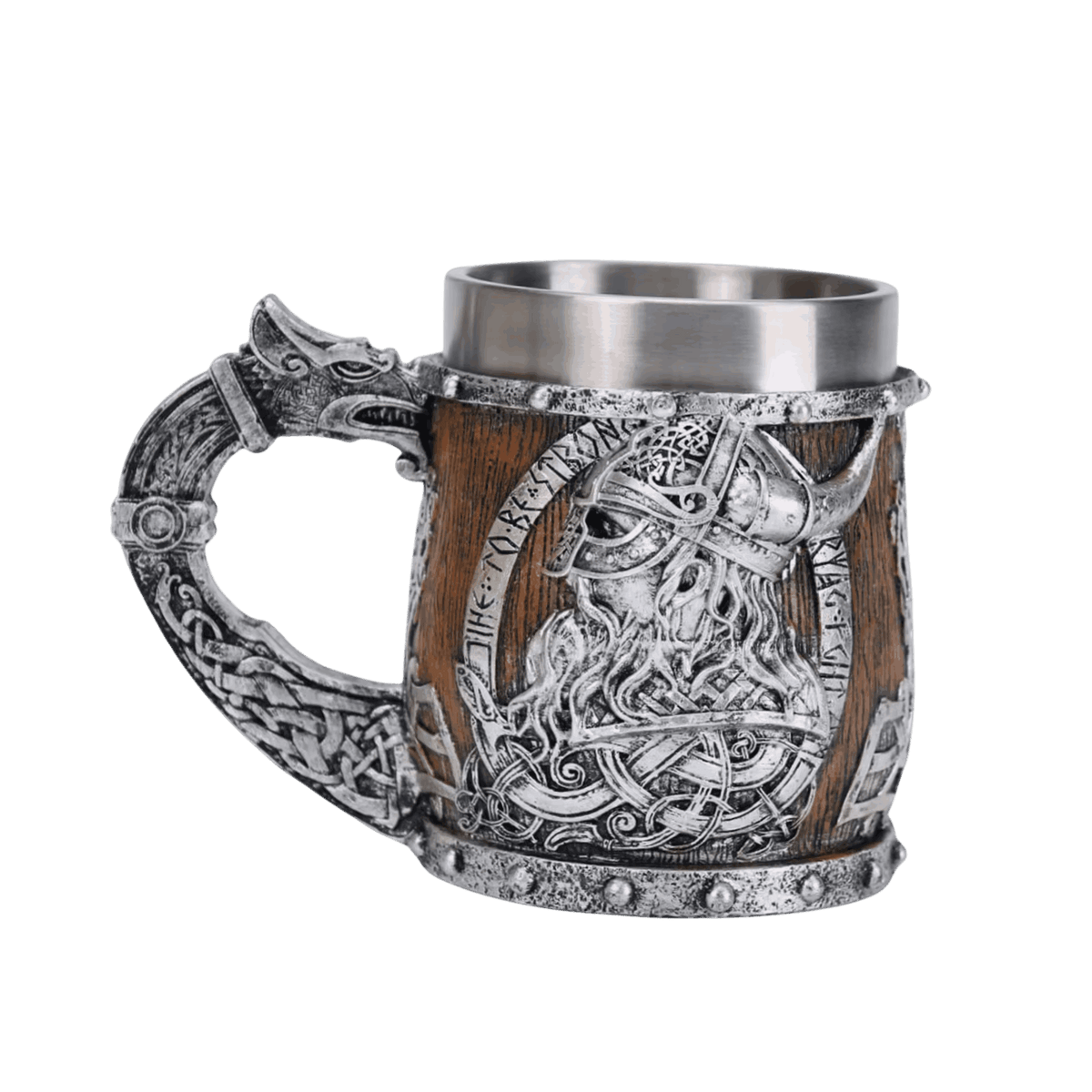 Chope Viking Lattes de Bois : Anse Tête de Dragon, 400 ml, vue de trois quarts sur fond blanc