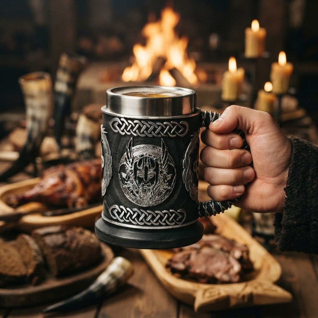 Chope viking Odin noire et argent, médaillon d'Odin casqué et bandes d'entrelacs, anse spiralée, tenue à la main lors d'un banquet viking
