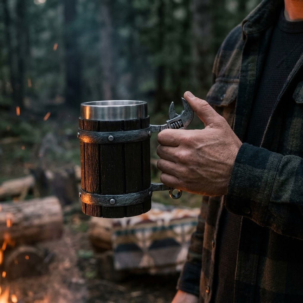 Chope viking tonneau en bois d'ébène imité à anse en clé à molette chromée, 60 cl, tenue à la main près d'un feu de camp en forêt
