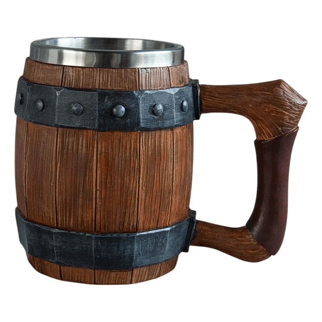 Chope viking imitation tonneau en bois avec cerclage effet fer. Mug isotherme pour bière style taverne.