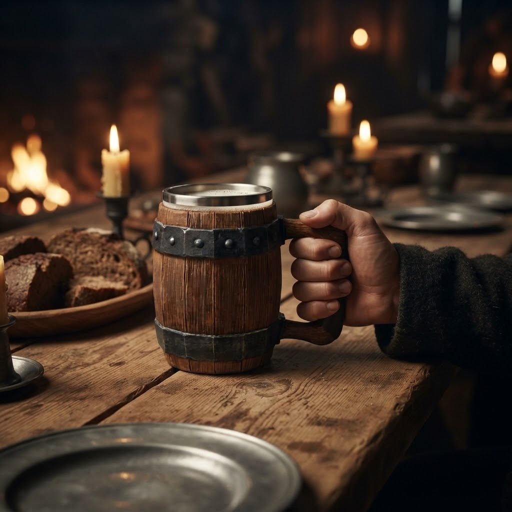 Chope viking tonneau en bois cerclée d'acier, 60 cl, tenue à la main sur une table de banquet avec pain et bougies