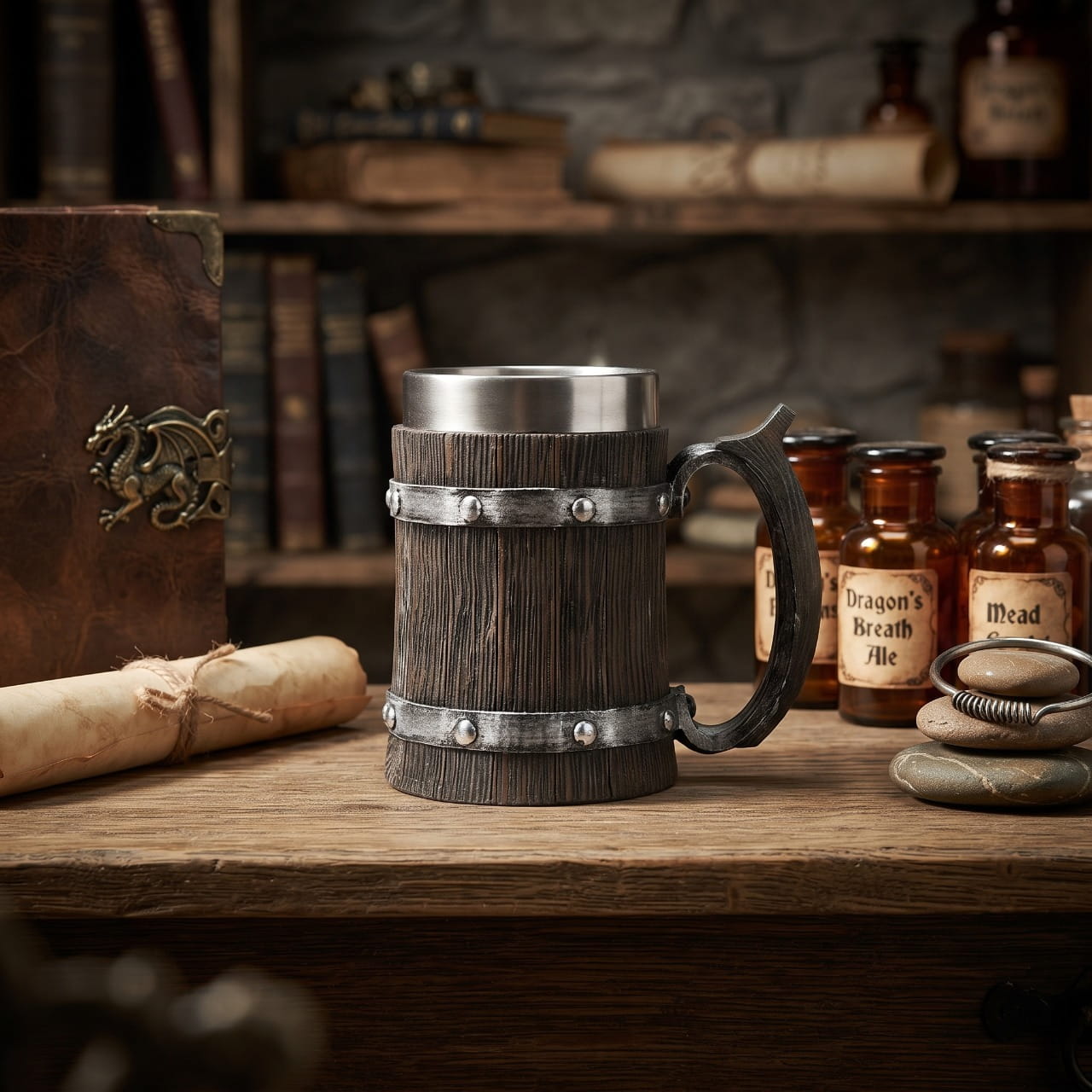 Chope Viking Tonneau Bois Brûlé : L'Ombre du Nord — résine sculptée — en situation