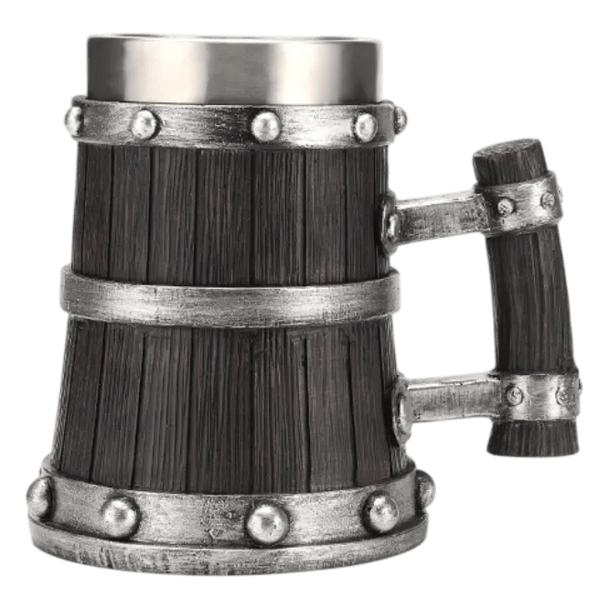 Chope viking massive imitation bois sombre brûlé avec anse géométrique renforcée. Mug tonneau style Jarl pour banquet.