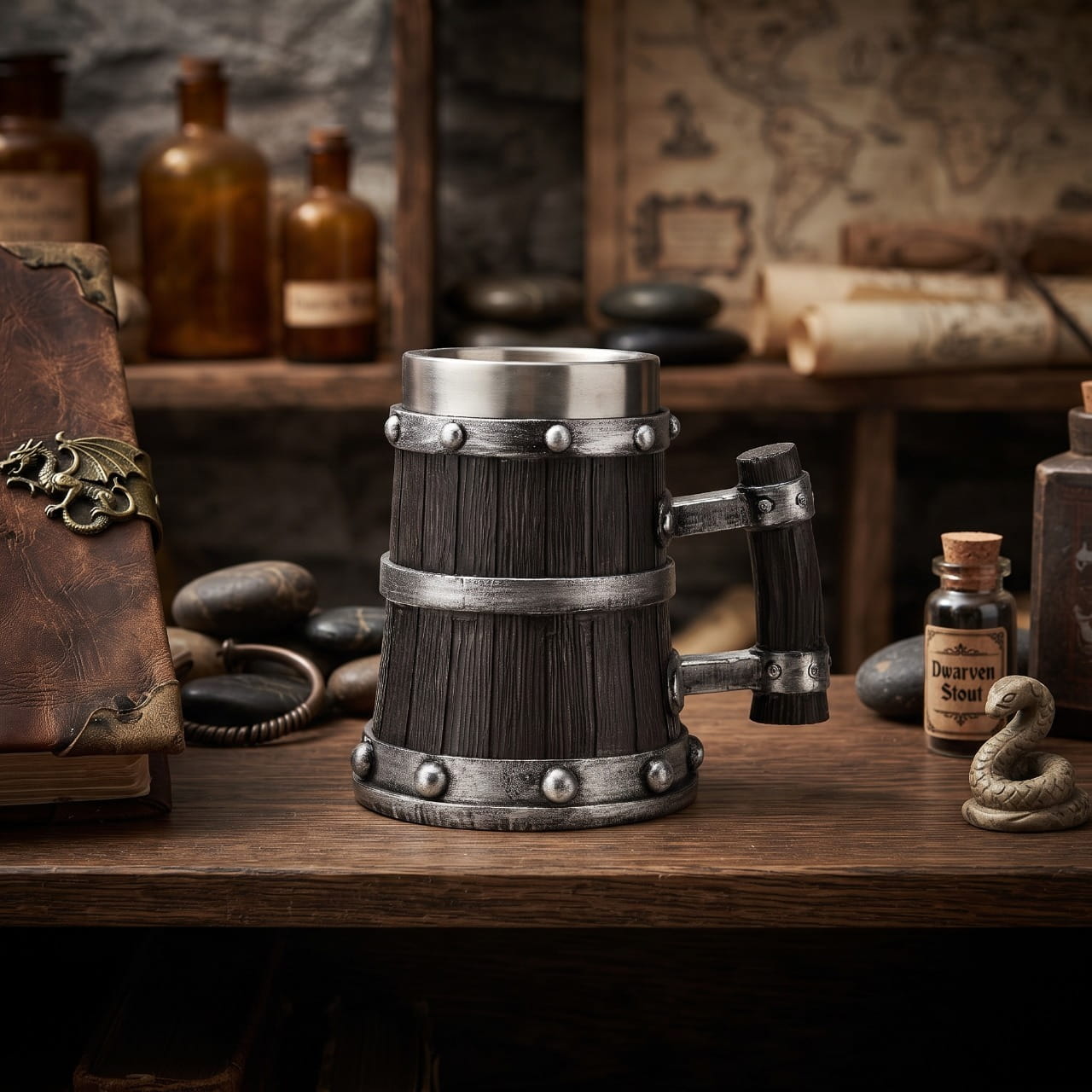 Chope Viking Tonneau Bois Sombre : Le Banquet du Jarl — résine sculptée — en situation