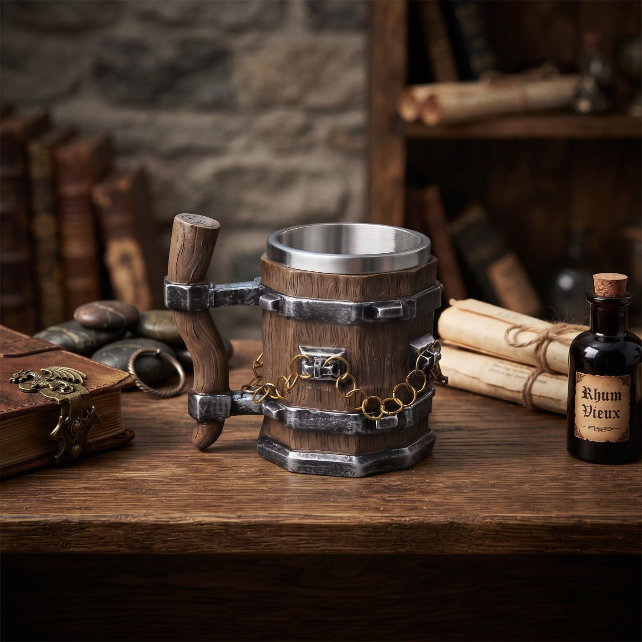 Chope Viking Tonneau Chaîne Dorée Résine — résine haute qualité avec insert acier inoxydable 304 — en situation