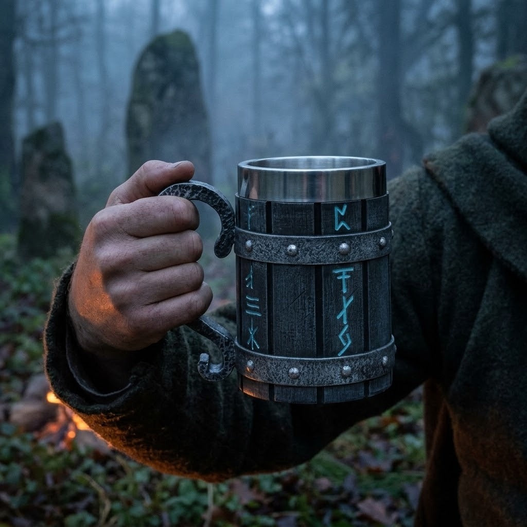 Chope viking tonneau en bois sombre aux runes bleues et anse en fer forgé, 60 cl, tenue à la main dans une forêt brumeuse aux pierres levées