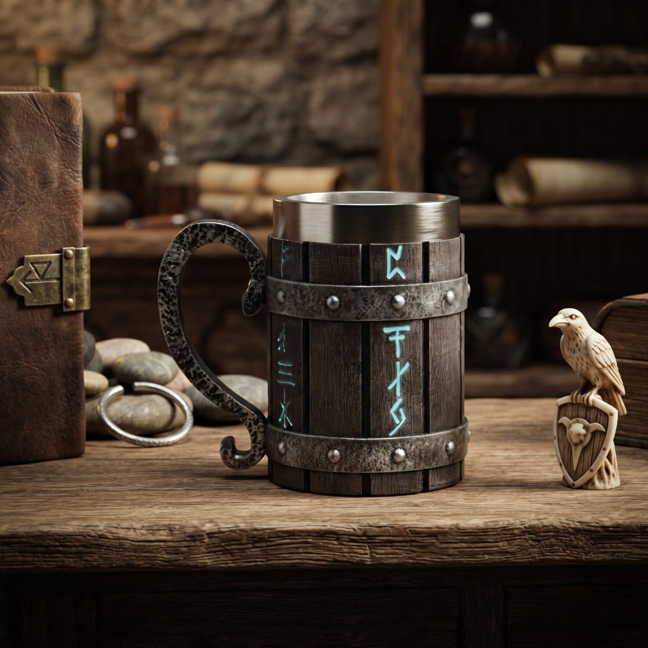 Chope Viking Tonneau : Le Maître des Runes (Lueur Bleue) — résine haute densité sculptée — en situation