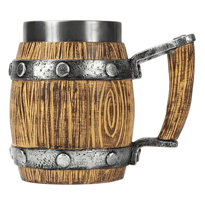 Chope viking forme tonneau bombé imitation bois noueux rustique. Grande capacité 600ml avec intérieur acier inoxydable.
