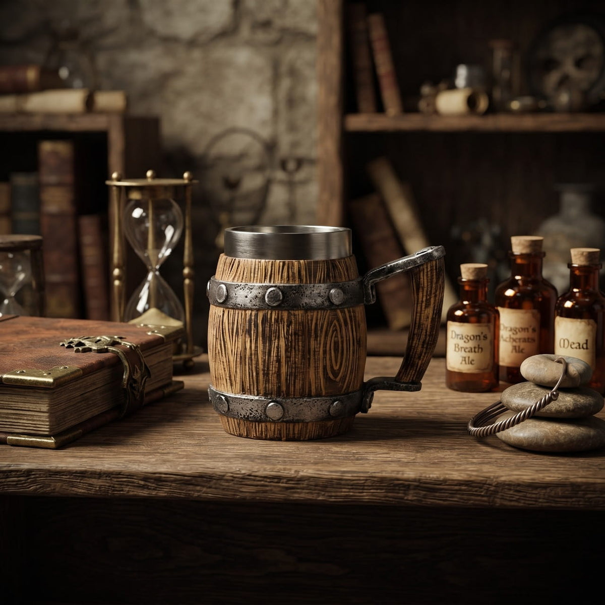 Chope Viking Tonneau Rustique : L'Authentique — résine sculptée — en situation