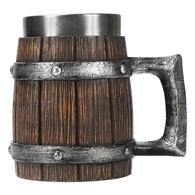 Chope viking 600ml imitation bois sombre avec anse carrée géométrique aspect métal brut. Mug isotherme grande capacité style bastion.
