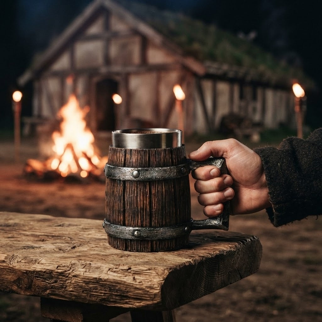 Chope viking tonneau en bois sombre cerclée de métal riveté, 60 cl, tenue à la main devant une maison longue la nuit