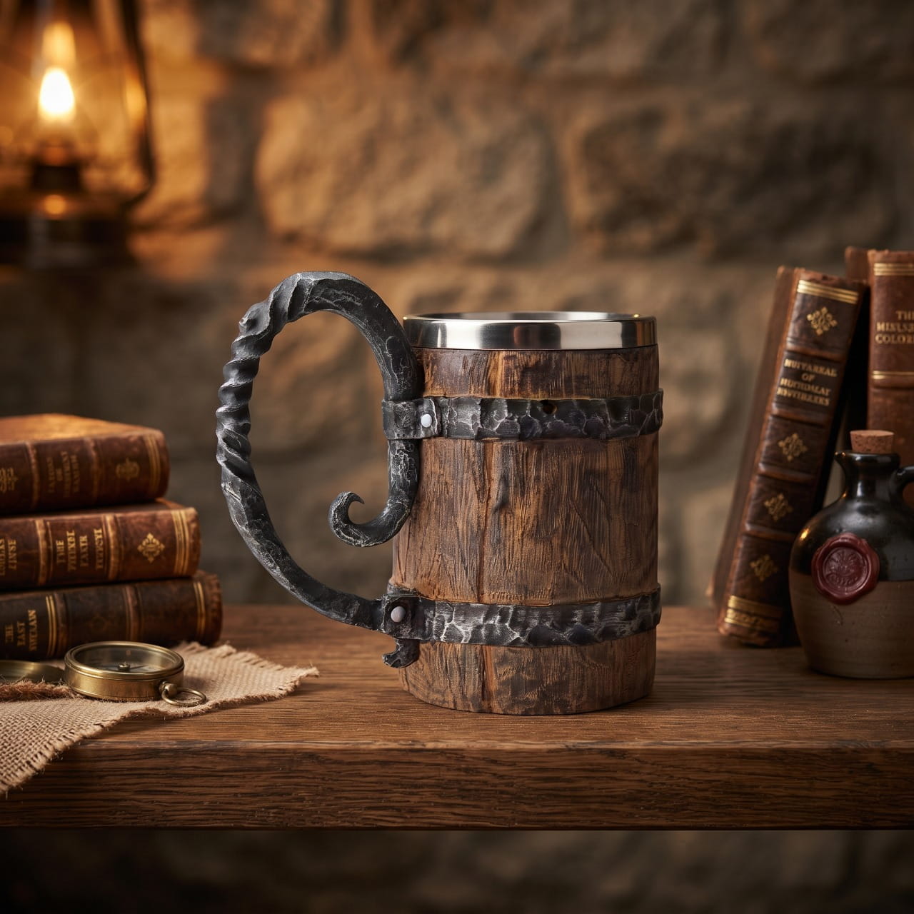 Chope viking tonneau 600 ml à anse en volute de fer forgé, posée sur une table de bois devant une lanterne