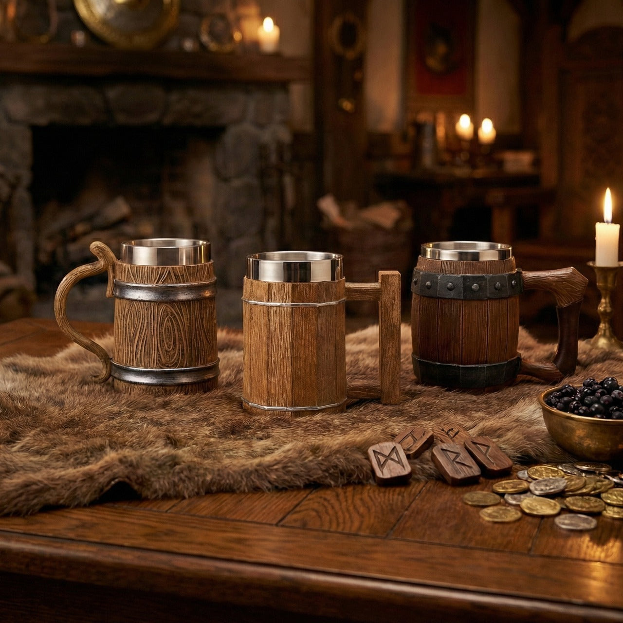 Trio de chopes Viking en bois et acier inoxydable disposées sur une fourrure dans un décor médiéval avec runes et pièces, décoration viking authentique.