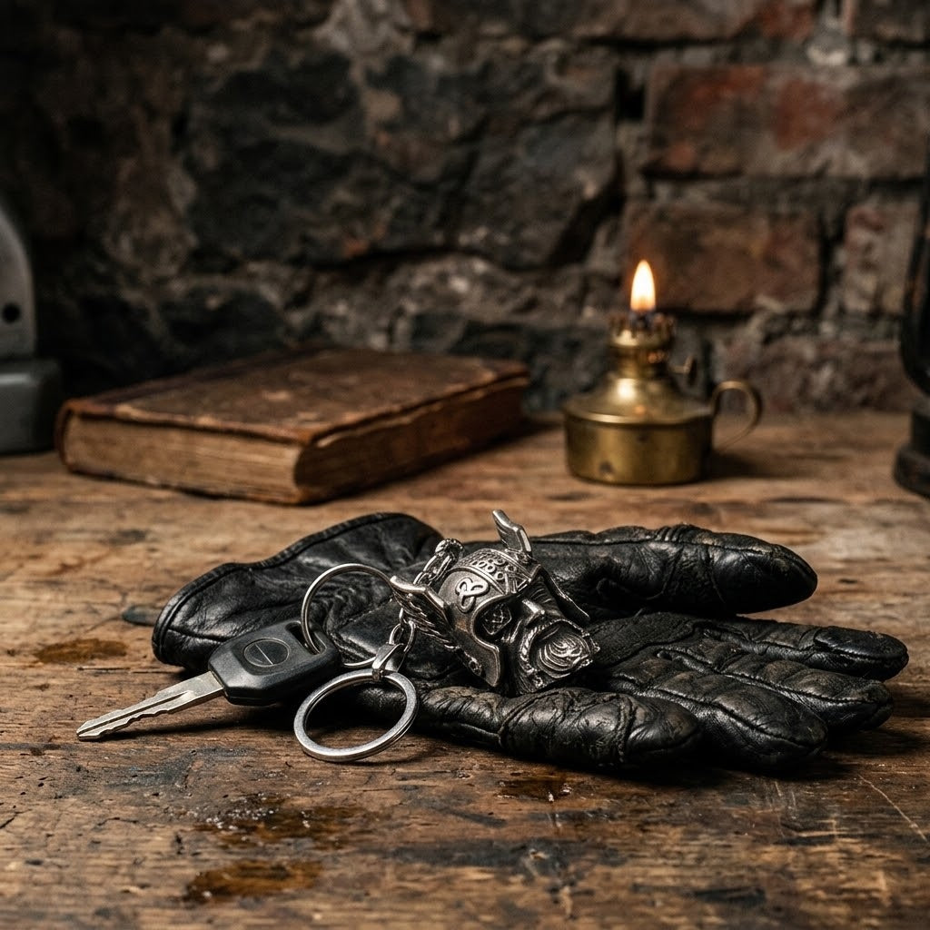 Cloche gardienne viking à tête d’Odin posée sur un établi de bois, près de gants de moto en cuir et d’une clé