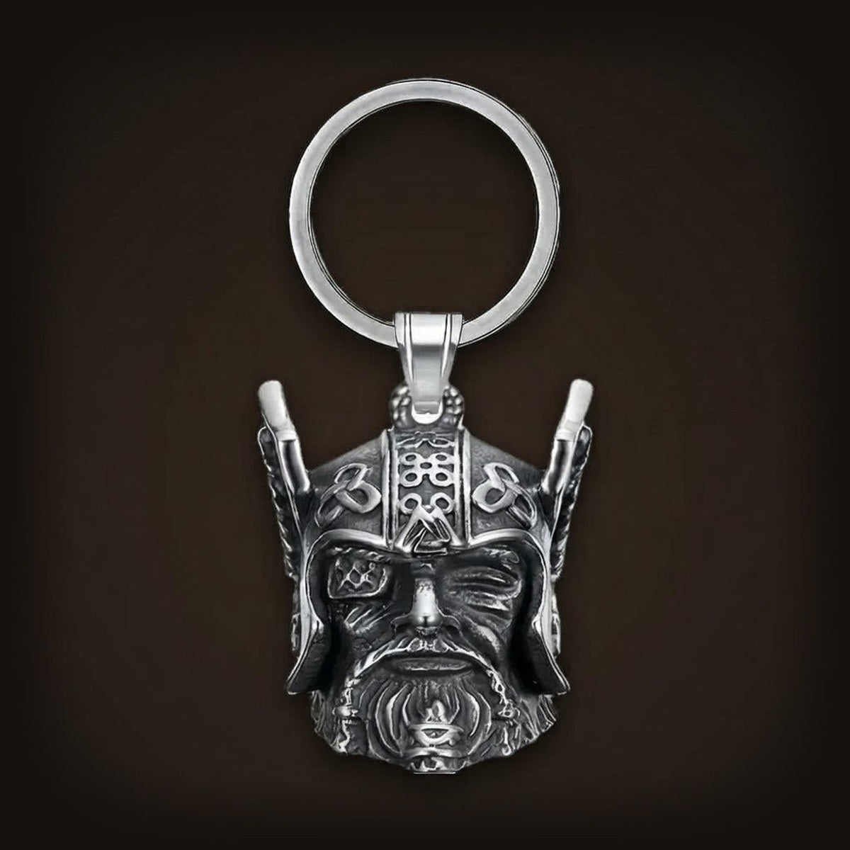 Cloche gardienne viking à tête d’Odin borgne sous un casque ailé, anneau porte-clés