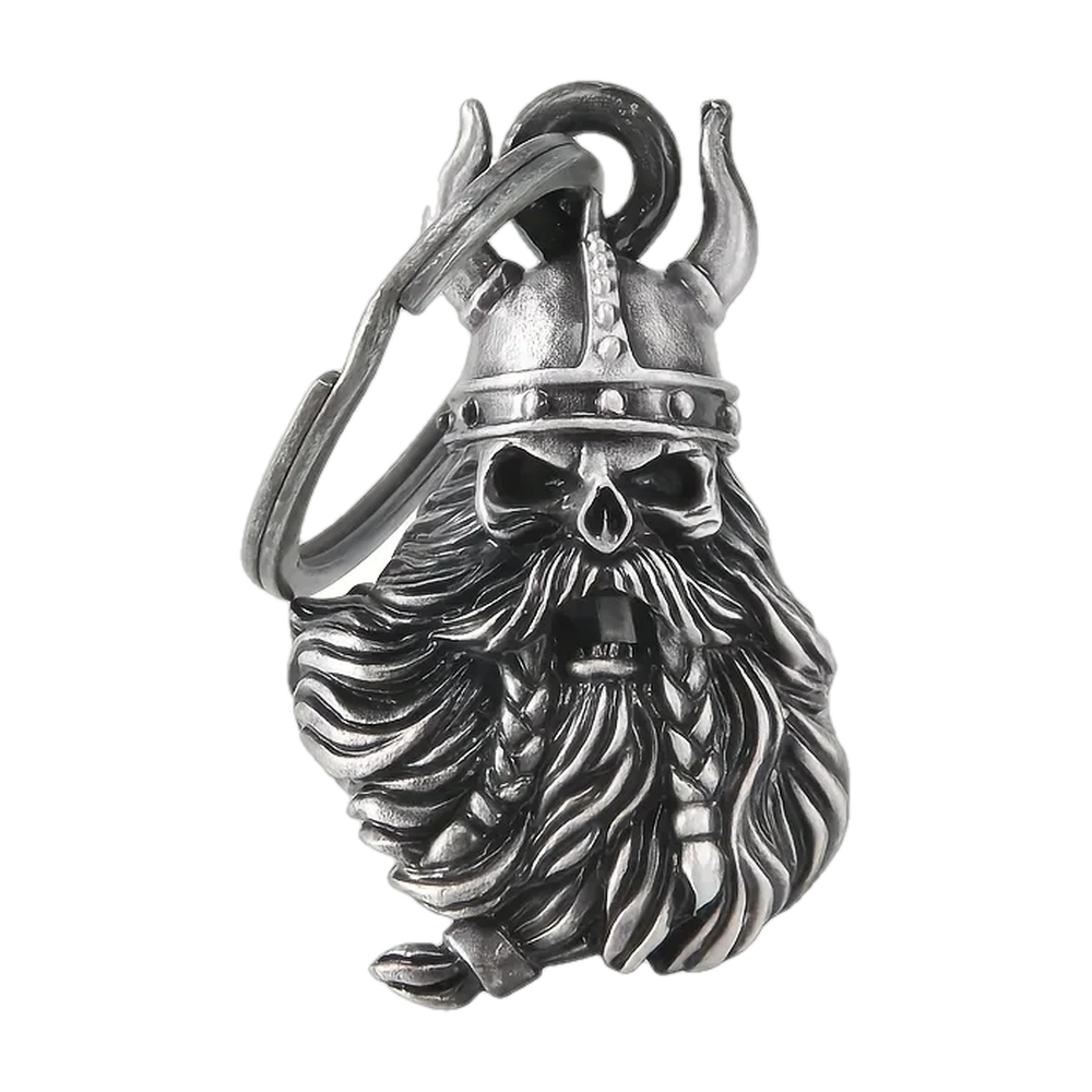 Cloche gardienne viking en forme de crâne barbu et casqué, anneau porte-clés