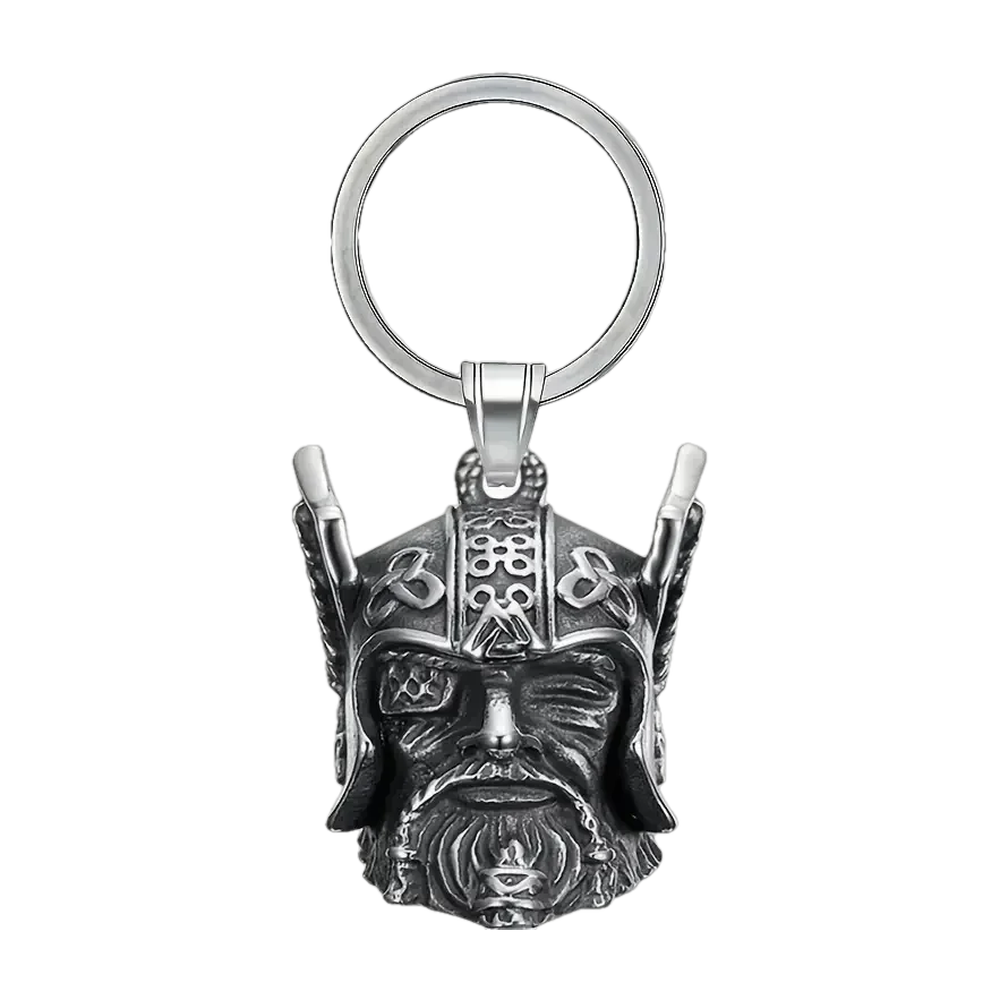Cloche gardienne viking à tête d’Odin borgne sous un casque ailé, anneau porte-clés