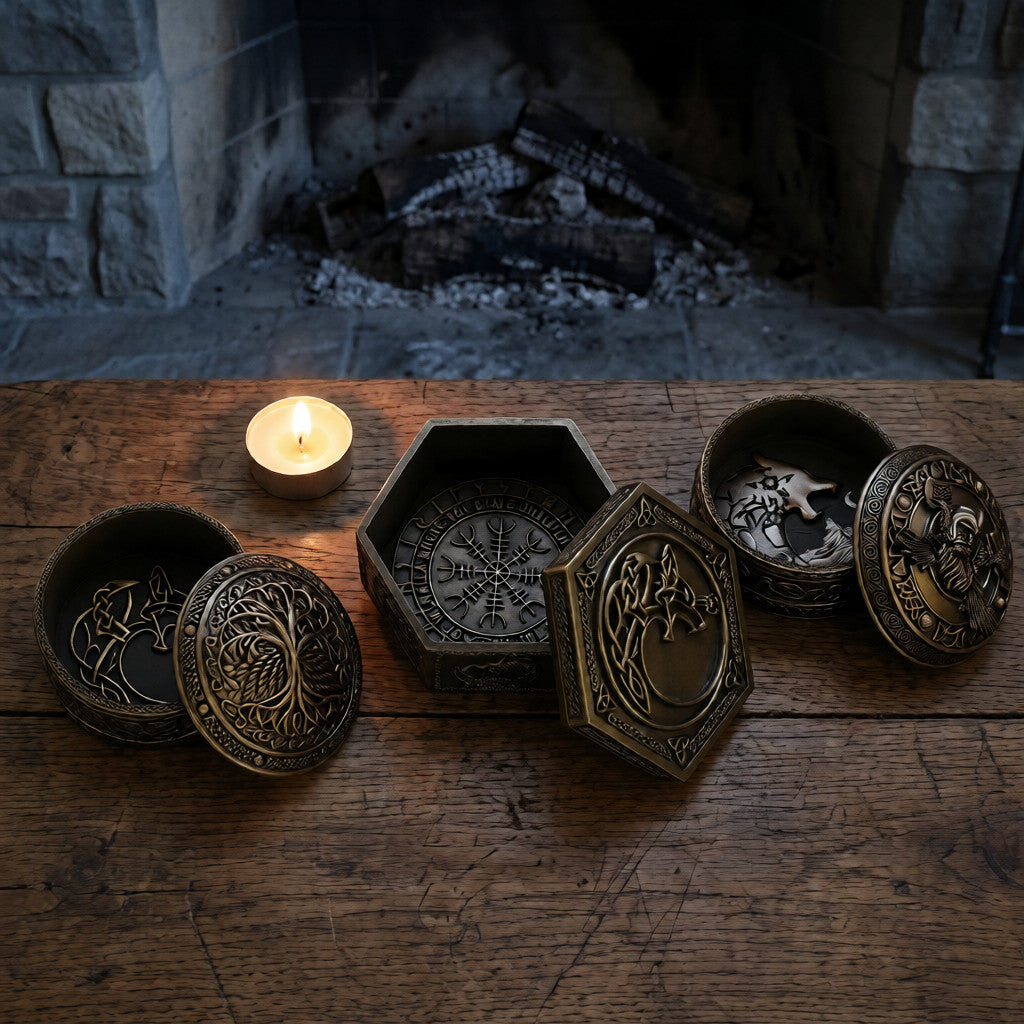 Vue ouverte d'une boîte à bijoux viking hexagonale en résine aspect bronze. Le couvercle montre un loup en entrelacs et le fond intérieur révèle la boussole Vegvísir entourée de l'inscription Valhalla. homepage