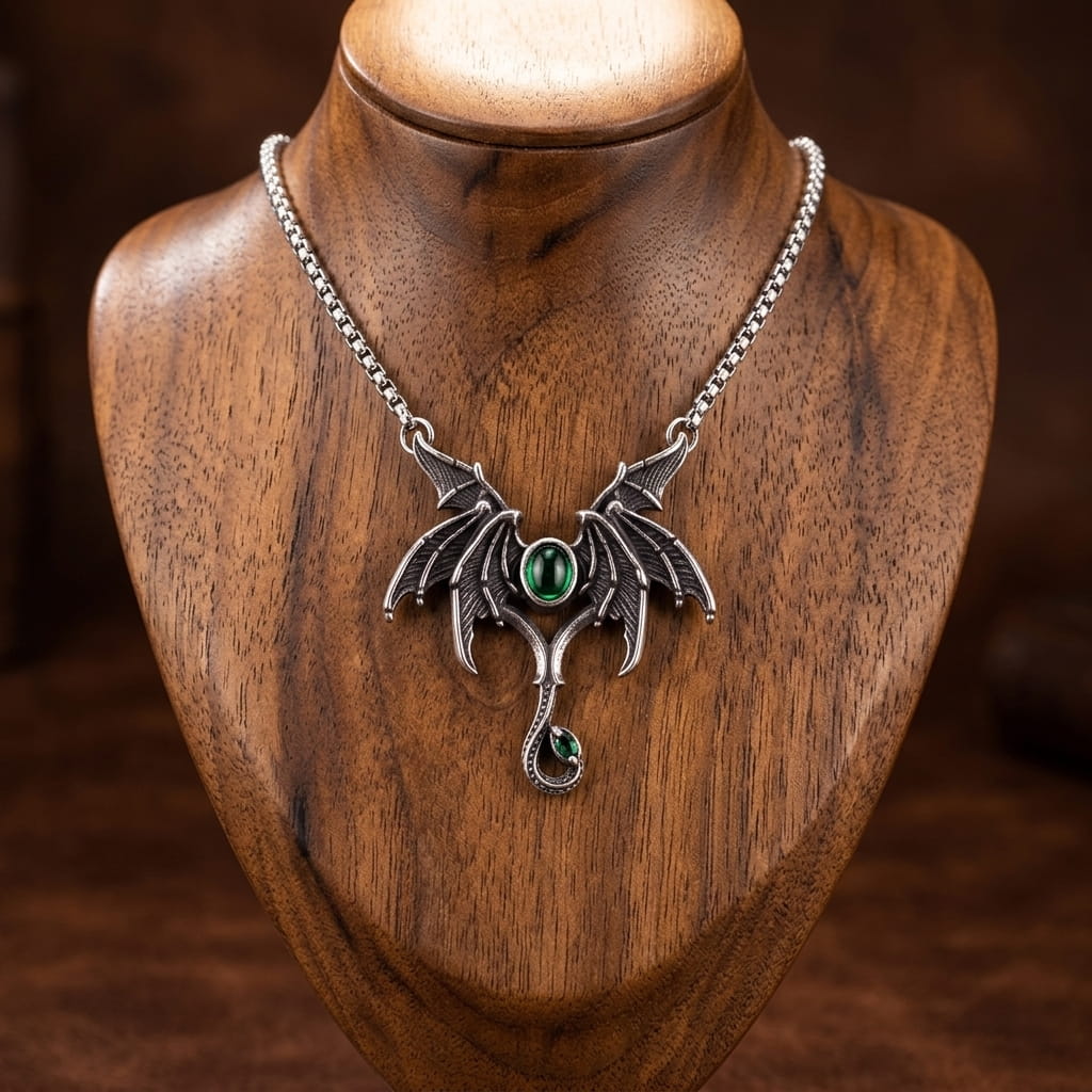 Collier ailes de dragon à pierre verte en acier présenté sur un buste en bois de noyer