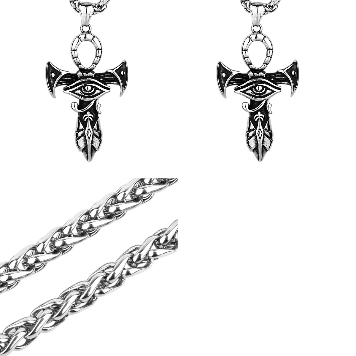 Pendentif égyptien en acier inoxydable, Ankh surmontant l'Œil d'Horus et prolongé d'une lame, sur fond blanc