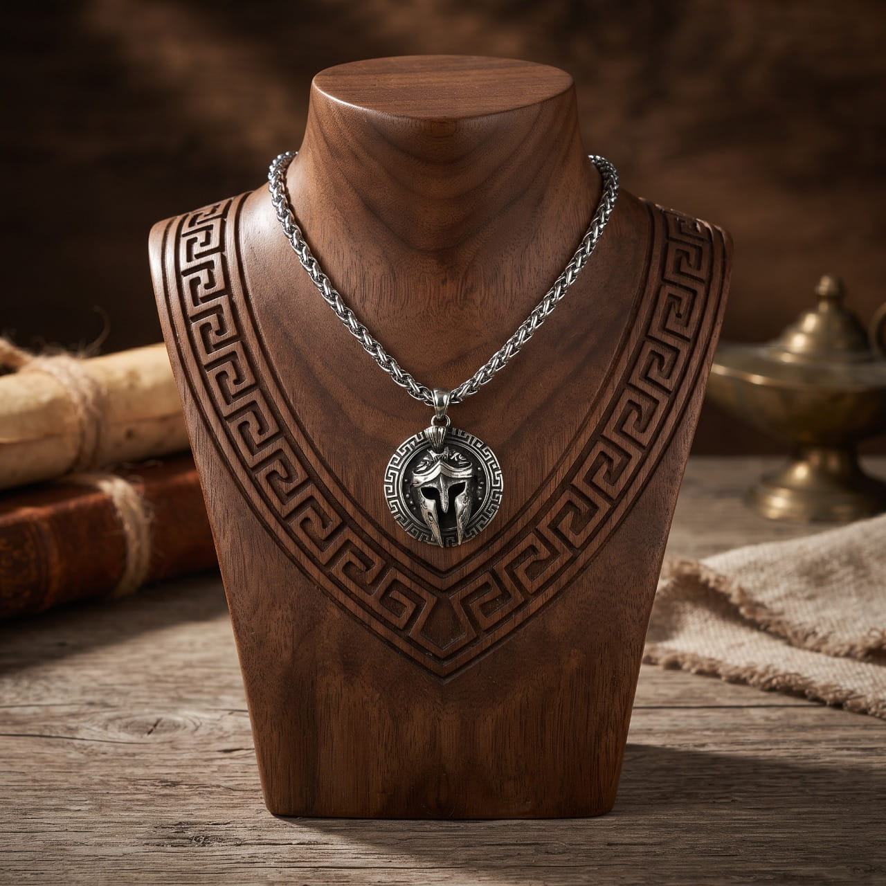 Collier médaillon en acier au casque corinthien spartiate en relief, sur buste en bois devant une frise grecque