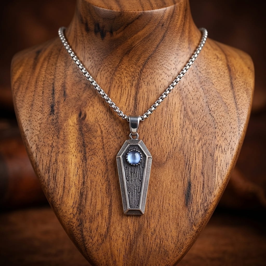 Collier cercueil à pierre bleue en acier présenté sur un buste en bois de noyer