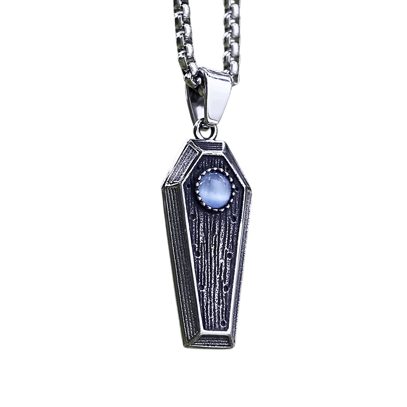 Pendentif cercueil en acier inoxydable au couvercle veiné façon bois, cabochon bleu et chaîne vénitienne