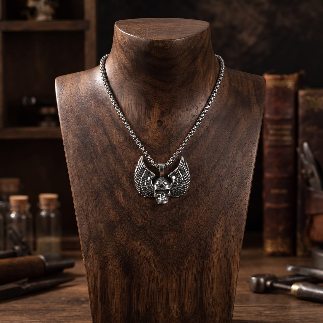 Collier pendentif crâne encadré de deux ailes déployées en acier, sur buste en bois