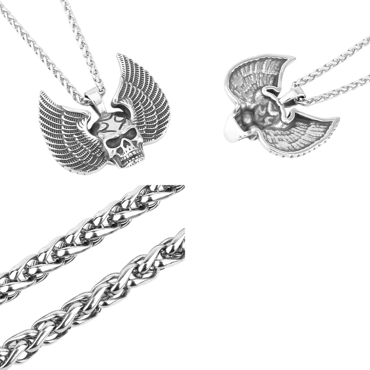 Pendentif crâne ailé en acier inoxydable, plumage ciselé, vu de face et de dos, avec sa chaîne, sur fond blanc