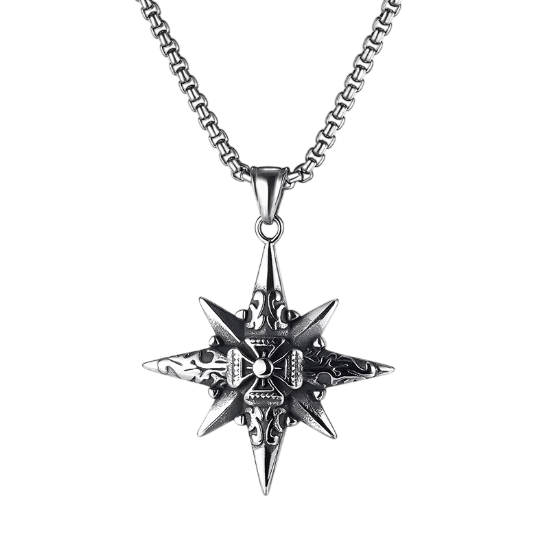 Pendentif étoile à huit branches en acier inoxydable, pointes effilées et centre orné, sur fond blanc