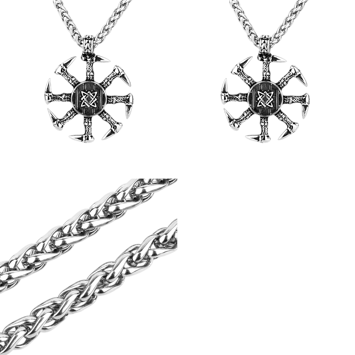 Pendentif Kolovrat en acier inoxydable, roue solaire ajourée, vu de face et de dos, sur fond blanc