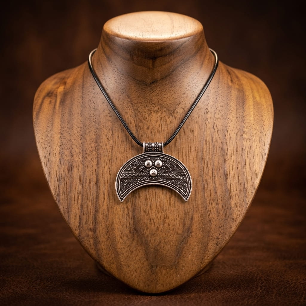 Collier lunule slave au croissant granulé présenté sur cordon noir, sur un buste en bois de noyer
