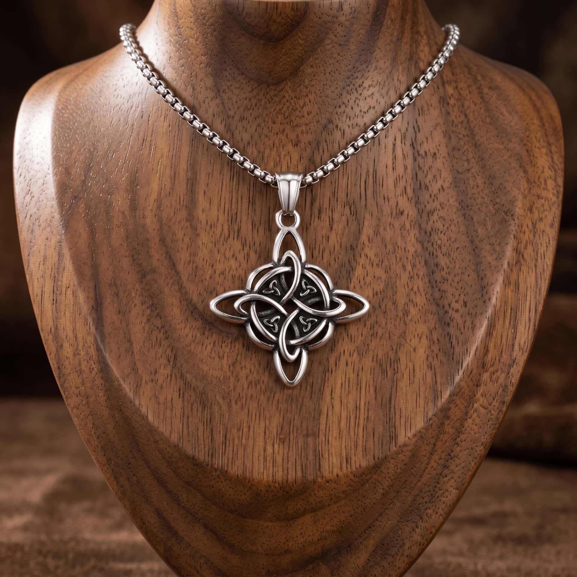 Collier Nœud de Sorcière : Acier Inoxydable, Chaîne 55 cm, pendentif présenté sur un buste de bois