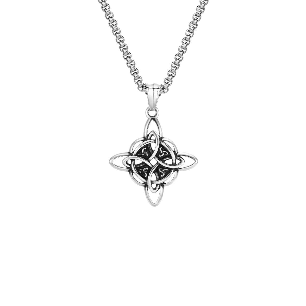 Collier Nœud de Sorcière : Acier Inoxydable, Chaîne 55 cm, vue de détail du pendentif et de la chaîne