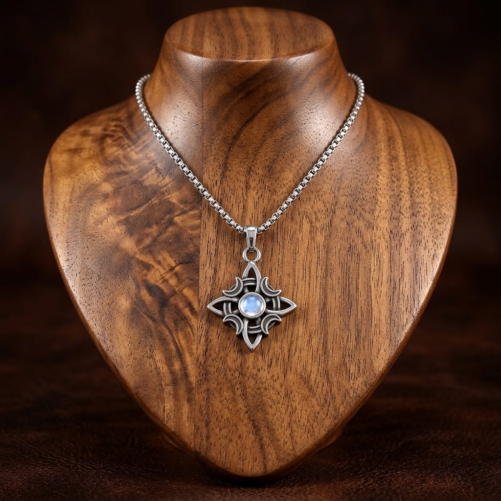 Collier nœud de sorcière aux croissants de lune en acier présenté sur un buste en bois de noyer