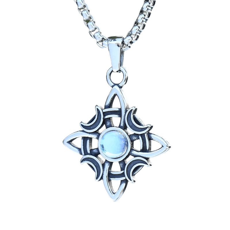 Pendentif nœud de sorcière à quatre pointes en acier 316L, croissants de lune et cabochon blanc bleuté