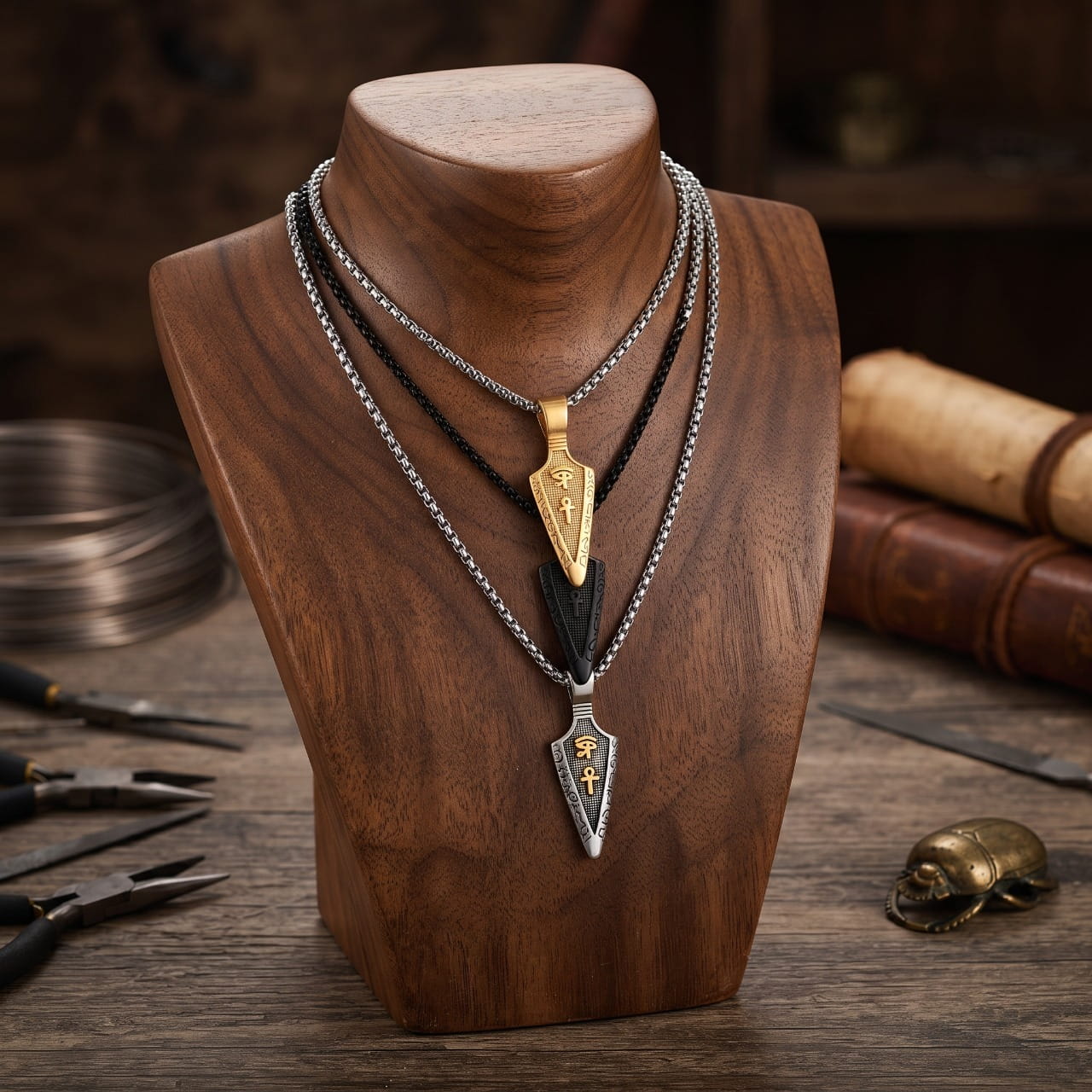 Collier pendentif égyptien en forme de pointe, Œil d'Horus et Ankh dorés sur fond noirci, porté sur un buste en bois