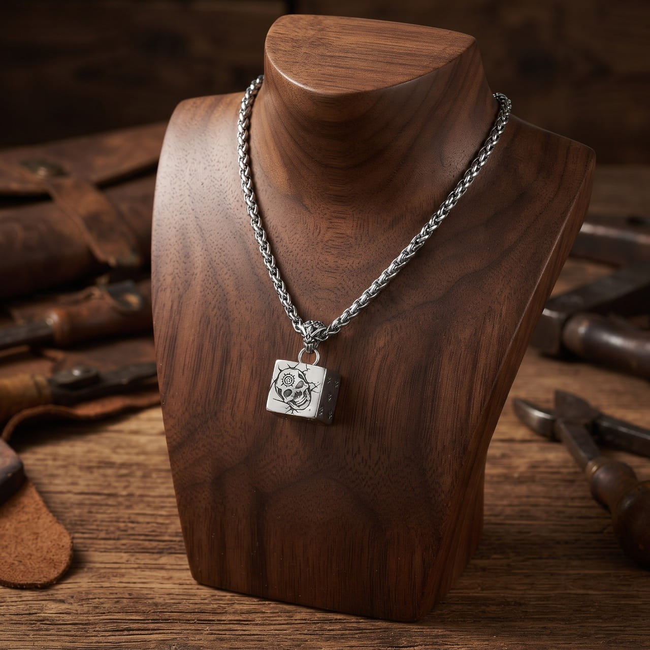 Collier pendentif en forme de dé en acier gravé d'un crâne, sur chaîne maille tressée, présenté sur un buste en bois, outils de cuir en fond