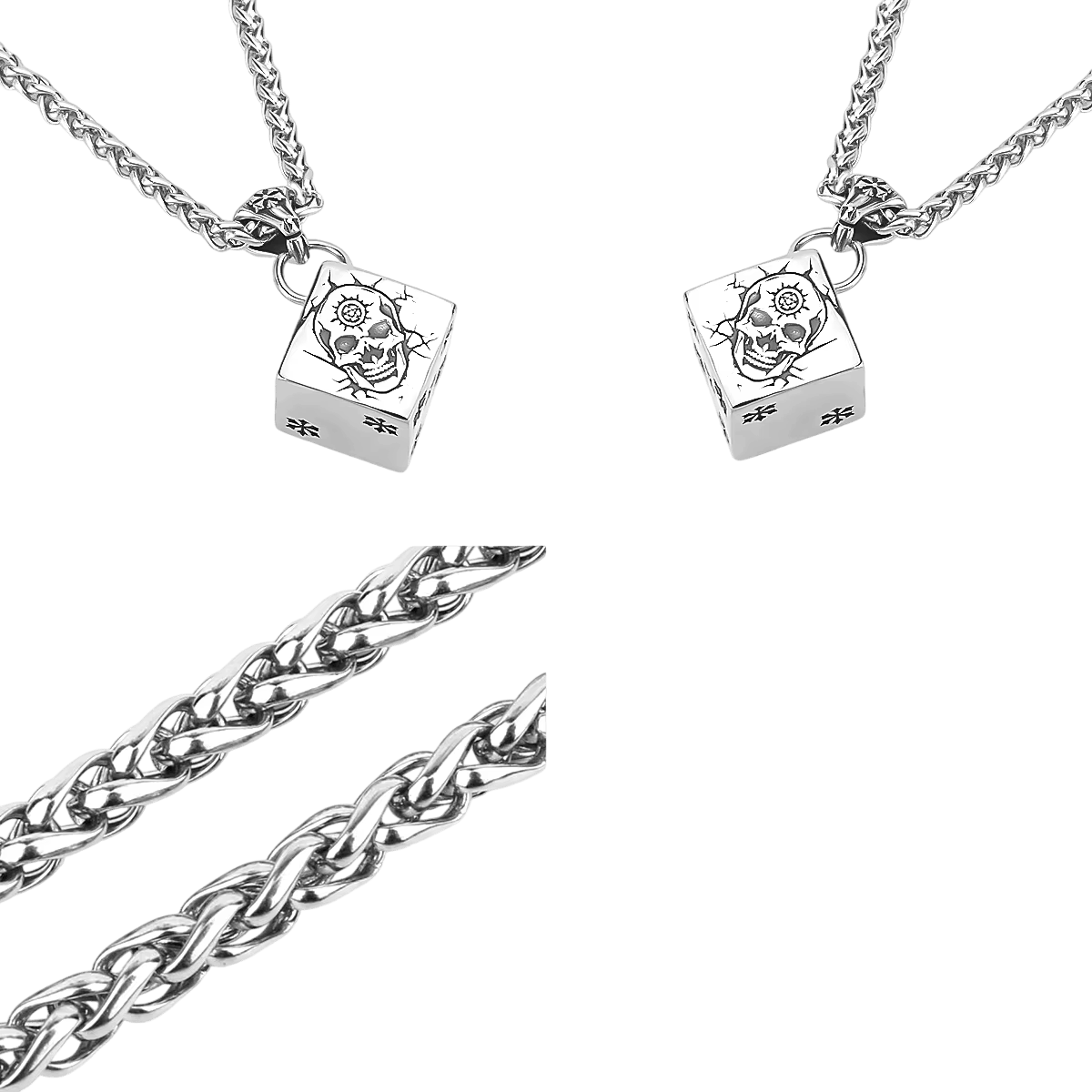 Pendentif dé cubique en acier inoxydable gravé d'un crâne, vu sous deux angles, avec le détail de sa chaîne tressée, sur fond blanc