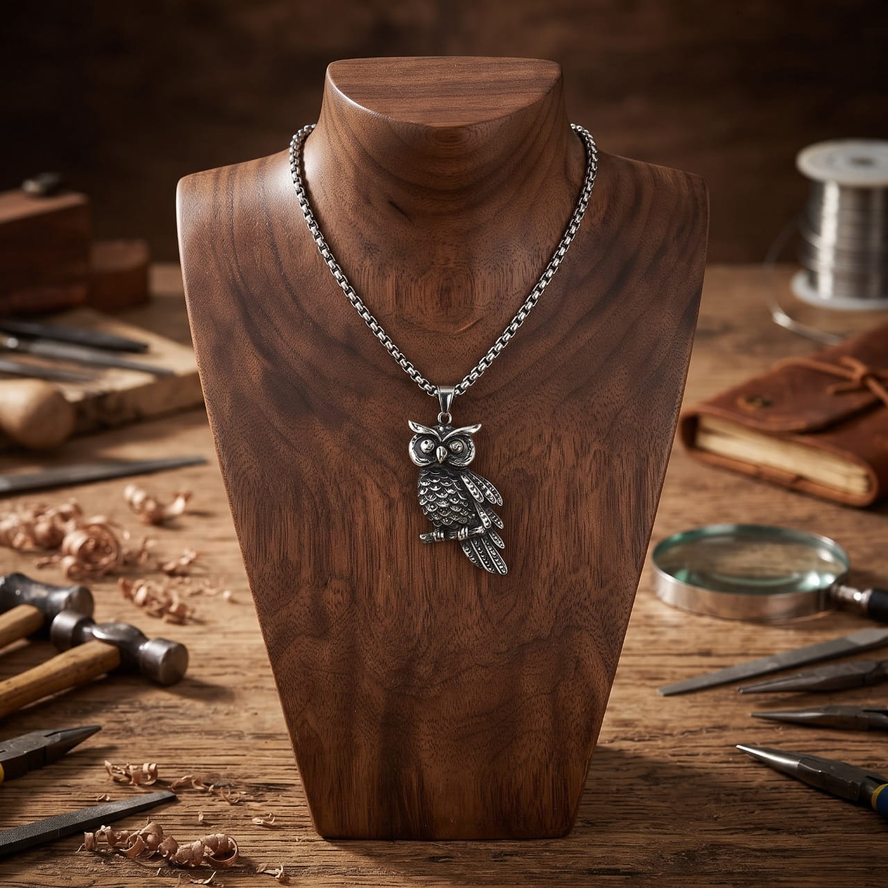 Collier pendentif hibou en acier au plumage ciselé, sur chaîne fine, présenté sur un buste en bois dans un atelier, loupe et marteaux en fond