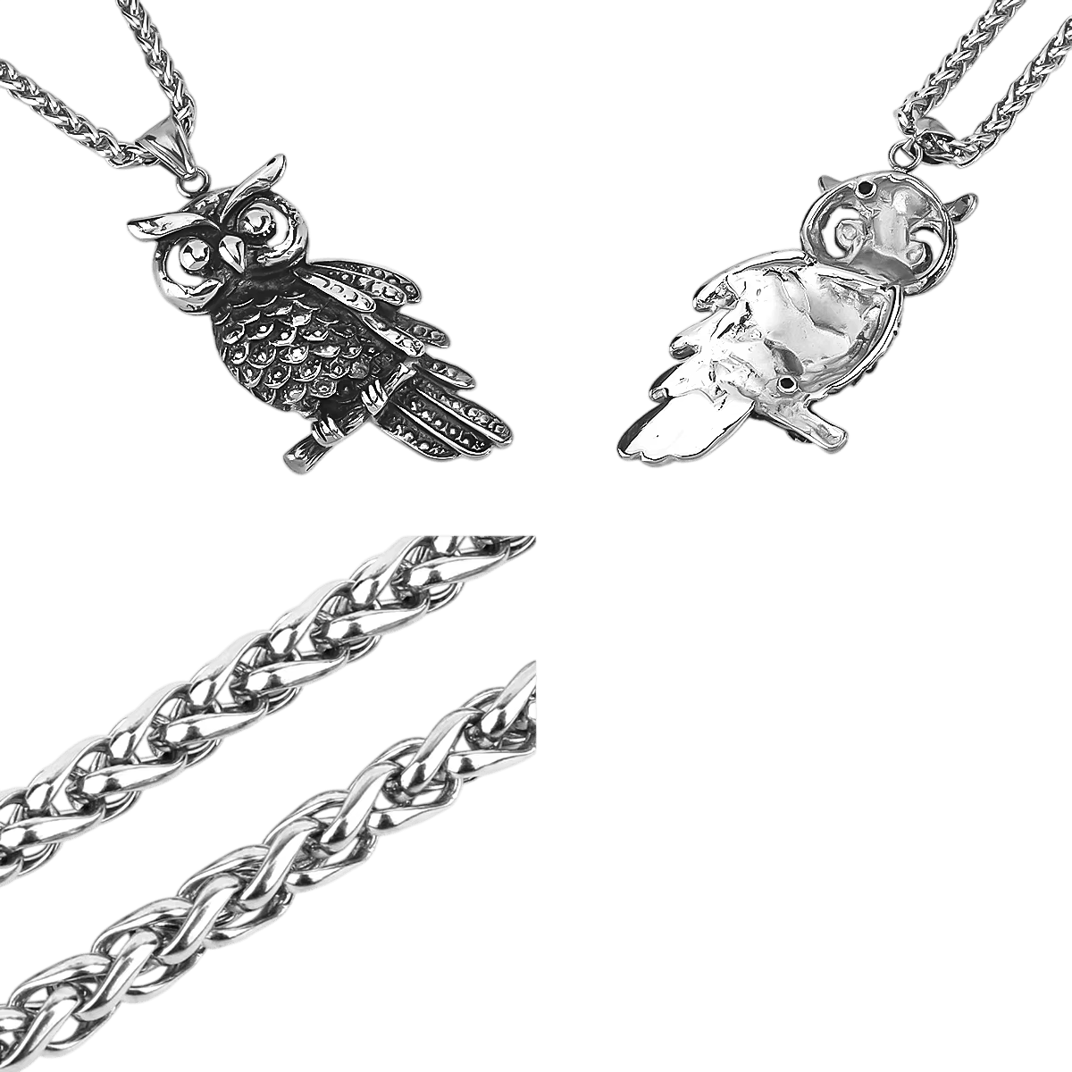 Pendentif hibou en acier inoxydable, plumage détaillé et grands yeux ronds, avec sa chaîne, sur fond blanc
