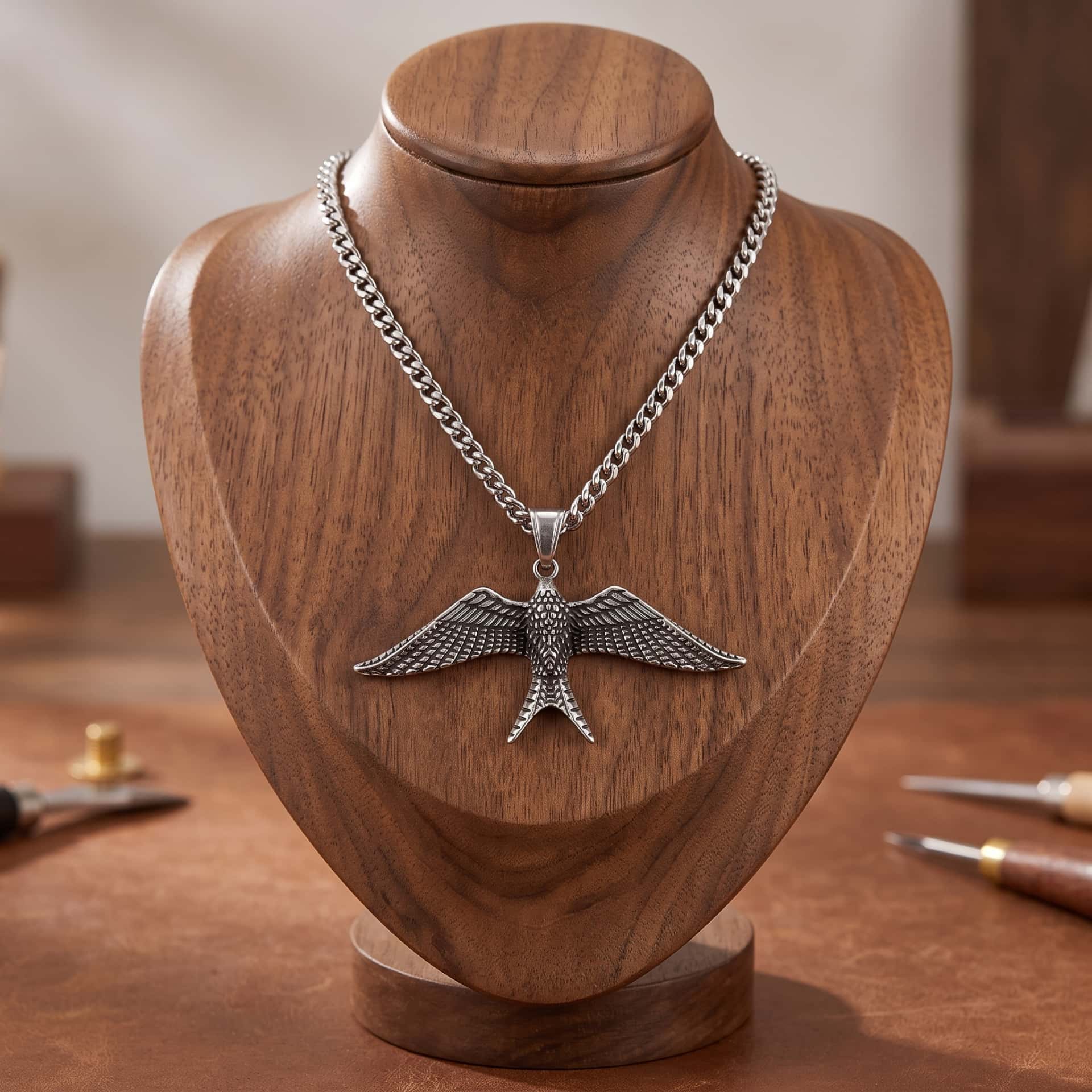 Collier Pendentif Hirondelle : Acier 316L, Chaîne Serpent, pendentif présenté sur un buste de bois