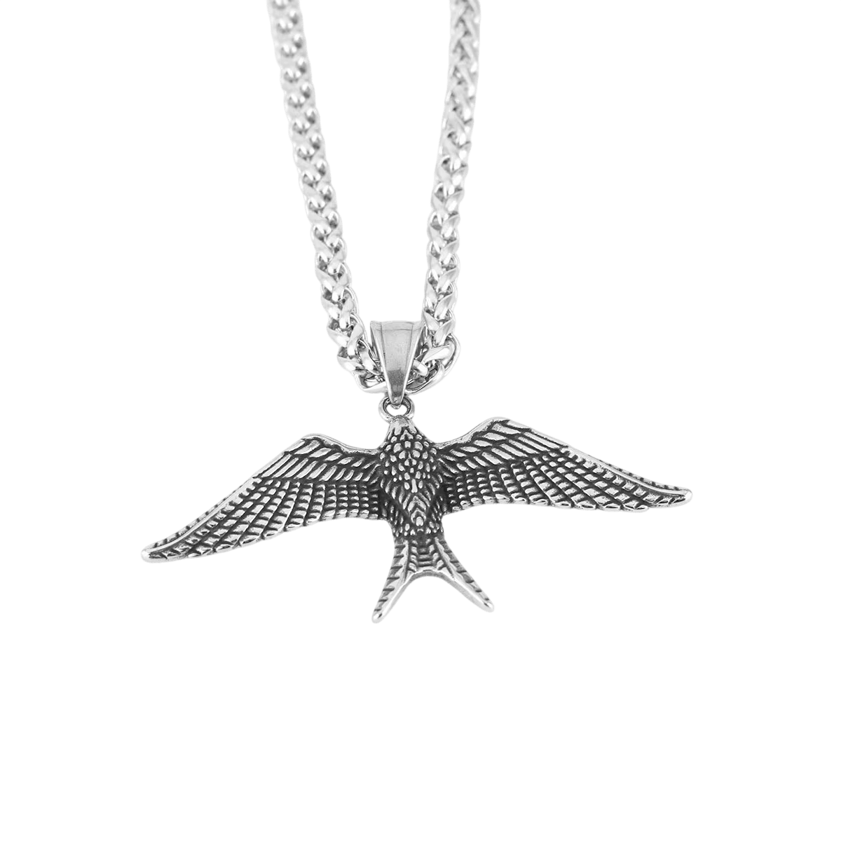 Collier Pendentif Hirondelle : Acier 316L, Chaîne Serpent, vue de détail du pendentif et de la chaîne