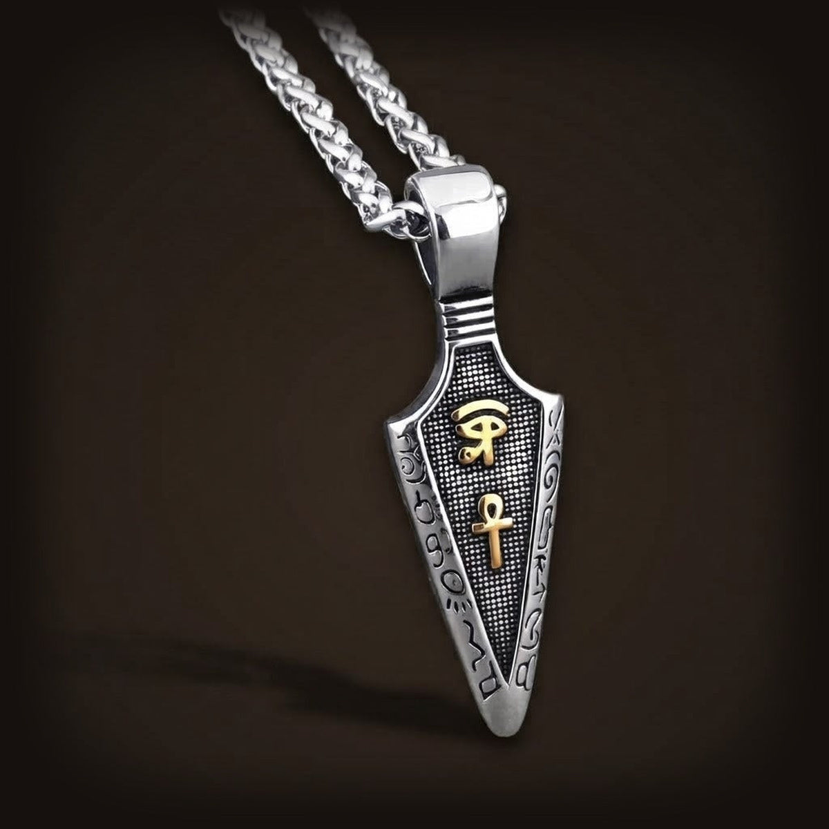 Pendentif égyptien en acier argenté, Œil d'Horus et Ankh dorés, bordure de hiéroglyphes