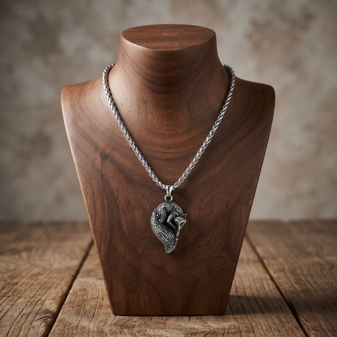 Collier pendentif renard en acier au pelage ciselé, queue enroulée le long du corps, sur buste en bois