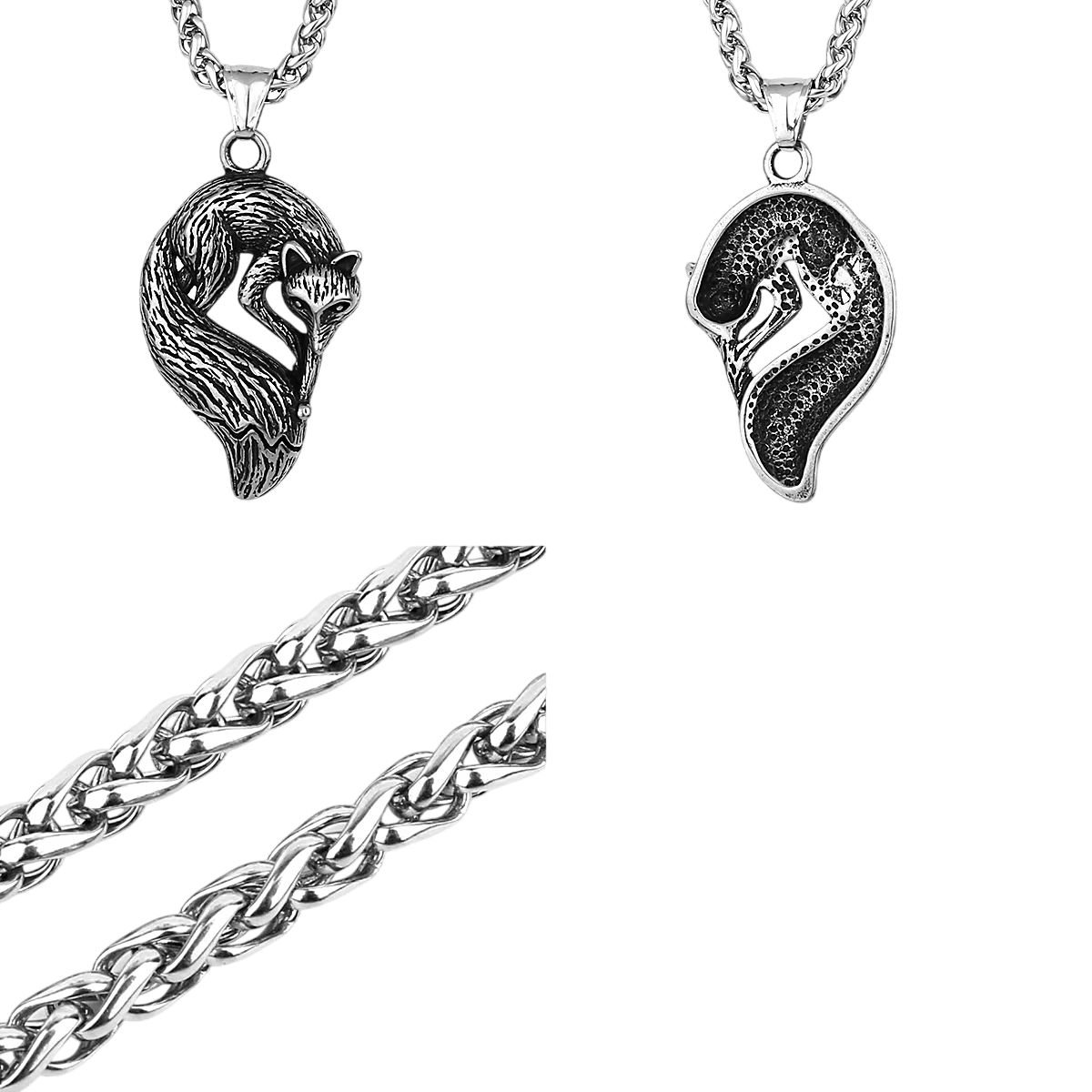 Pendentif renard en acier inoxydable, pelage détaillé et queue touffue, vu de face et de dos, sur fond blanc